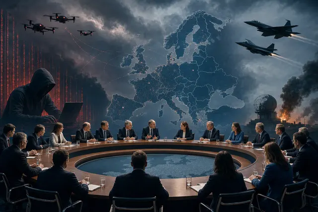 AI-generated editorial illustration accompanying a report on suspected hybrid attacks and European airspace security