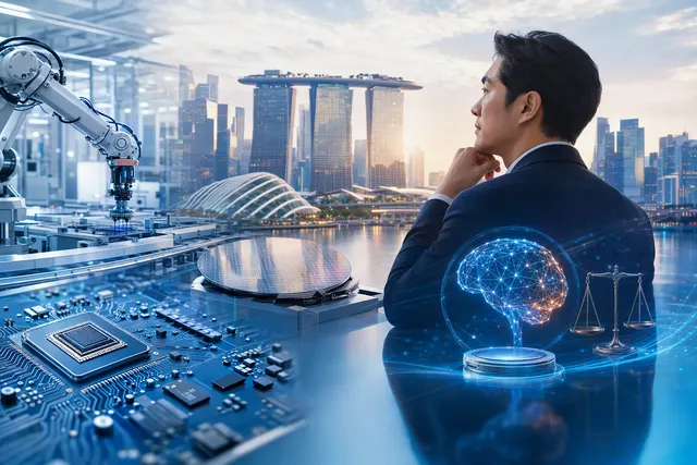 Illustration representing Singapore CFOs weighing business growth against AI governance and risk controls