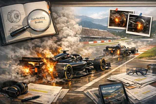 A depiction of a Cadillac F1 car with smoke and fire coming from the front brake area, set against a pit lane background.