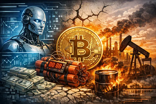 Arthur Hayes's thesis on why Bitcoin cannot rally until the AI investment bubble collapses, showing the macro chain from AI debt absorption to central bank money printing.
