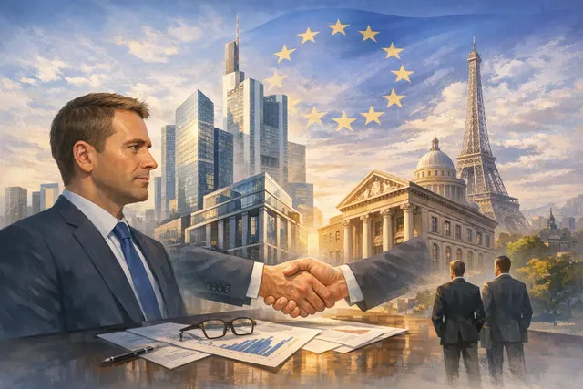 European financial district skyline with overlays of deal metrics and bank merger trends