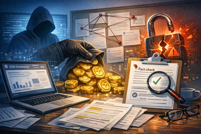 BonkDAO governance exploit concept art showing a DAO treasury symbol on the Solana blockchain with a voting system vulnerability highlighted
