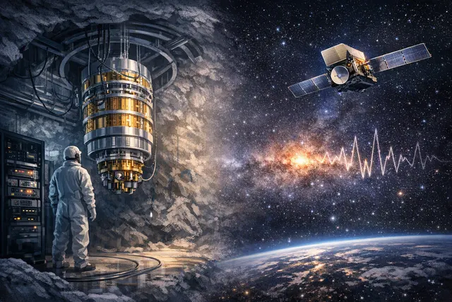 Conceptual illustration of an underground cryogenic dark-matter detector and gamma-ray signals from distant galaxy clusters