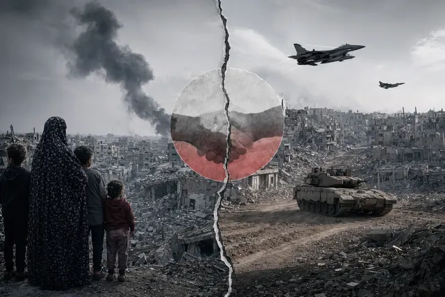Illustration representing the breakdown of the October 2025 Gaza ceasefire amid ongoing strikes and conflict