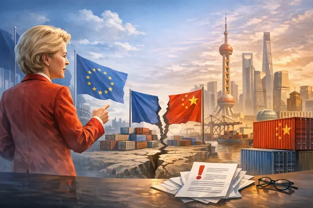 European Commission President Ursula von der Leyen speaking at a press conference, with EU and Irish flags in the background.