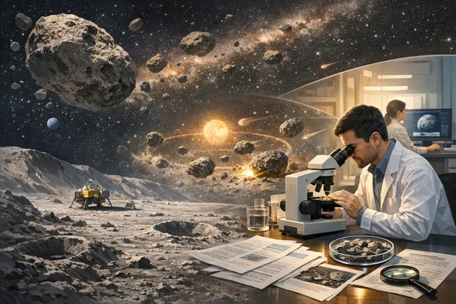 Artistic rendering of the lunar far side surface with craters and the Chang'e-6 lander, symbolizing new samples that challenge the Late Heavy Bombardment hypothesis