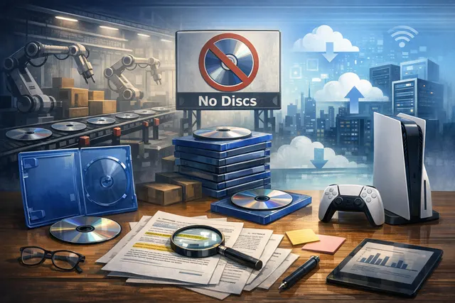 A conceptual image representing the end of PlayStation physical game discs and the shift to digital-only gaming, with a disc-shaped void and digital download interface.