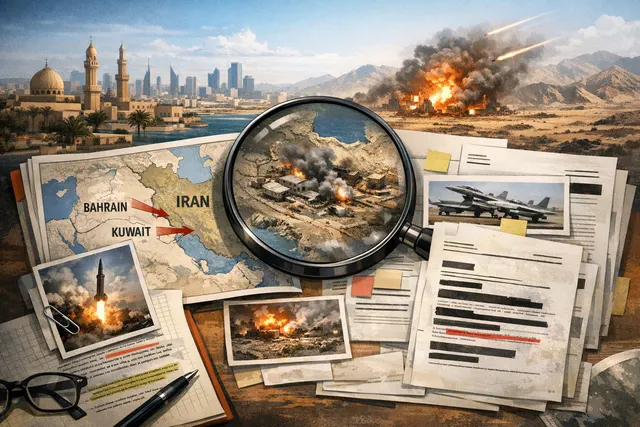 A conceptual illustration of fighter jets flying over a map of the Persian Gulf, representing covert airstrikes by Bahrain, Kuwait, and the UAE against Iran in July 2026.