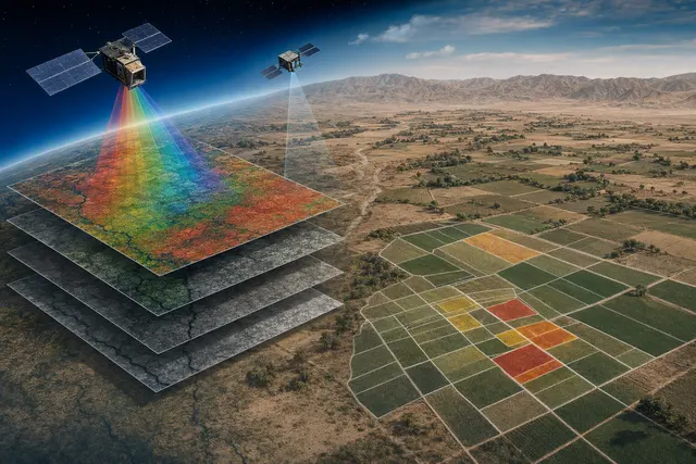 Editorial illustration of hyperspectral satellite monitoring of agricultural fields in Afghanistan