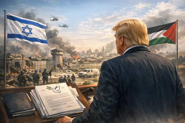 AI-generated illustration representing diplomacy and peace negotiations in the Middle East, with abstract symbols of a handshake, olive branch, and a map of Gaza.