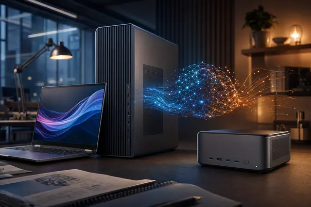 Editorial illustration representing local AI computing on compact workstations and personal computers