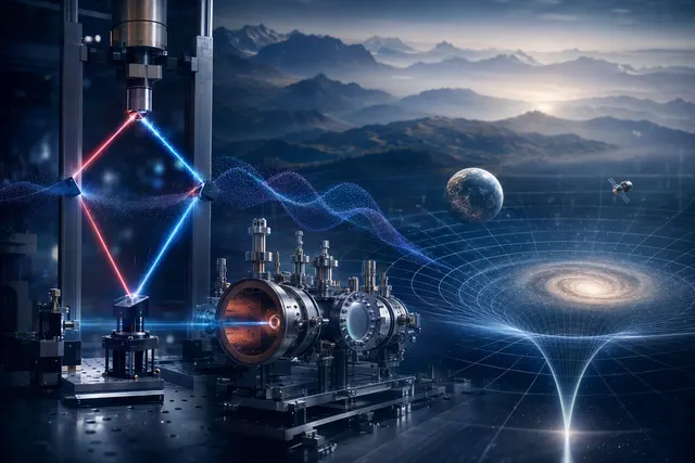 Illustration of quantum matter-wave interferometry and a muonium beam used to study gravity