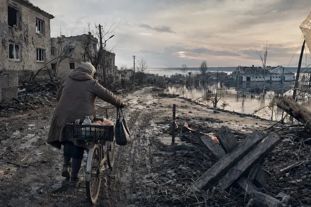 AI-generated editorial illustration representing the humanitarian crisis in Oleshky, Ukraine