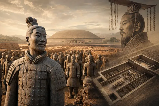 Illustration of the Terracotta Army, a formation of clay warriors buried near Qin Shi Huang’s tomb