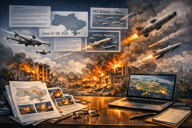 AI-generated image depicting a night scene of missile and drone attacks with air defense tracers over a city skyline, representing the Russian assault on Ukraine on June 27-28, 202
