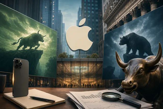 Editorial illustration of Apple’s AI opportunity and contrasting investor outlooks