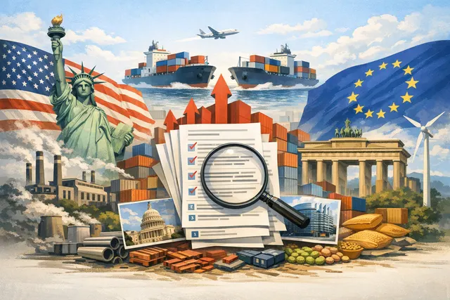 Illustration representing US-EU transatlantic trade negotiations with tariff and regulatory symbols