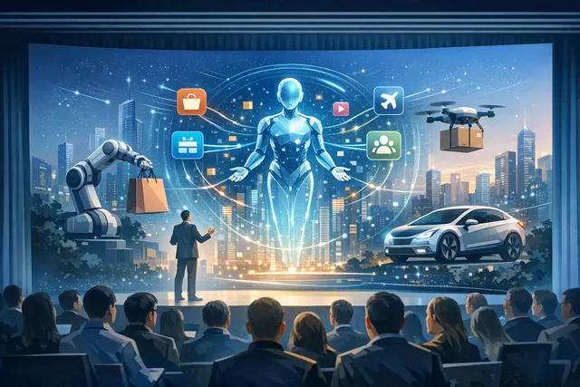 Editorial illustration of AI agents connecting Alipay services, merchants, smartphones, cars, and other devices