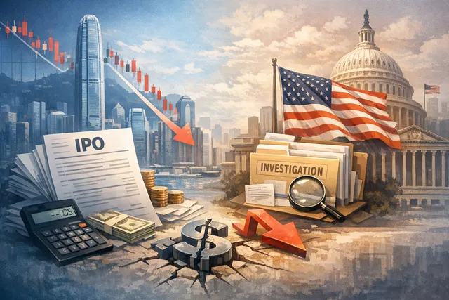 A stylized editorial illustration of a Shein package and shipping label, with financial charts and regulatory documents in the background, symbolizing the company's IPO filing and