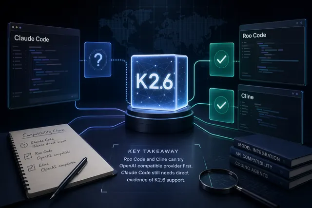 Kimi K2.6 連接 Claude Code、Roo Code 與 Cline 的相容性查核示意圖