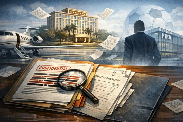 Editorial illustration of a FIFA governance controversy involving private jets, a Vatican visit and leaked ethics documents