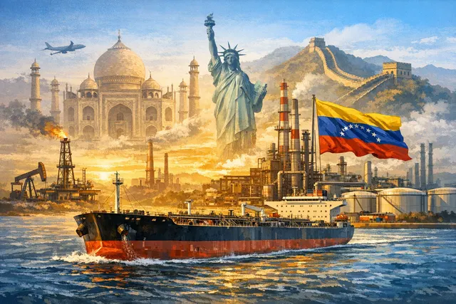 A large oil tanker vessel transporting crude oil across the ocean at sunset, representing the resurgence of Venezuela's oil exports in 2026.