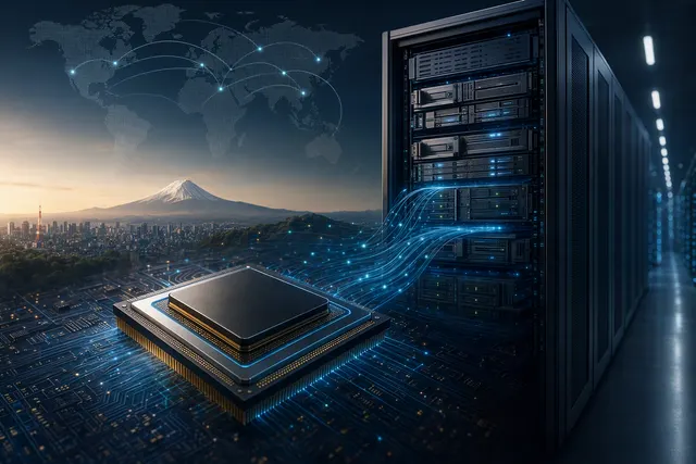 Editorial illustration of Fujitsu MONAKA processor technology for AI data centers