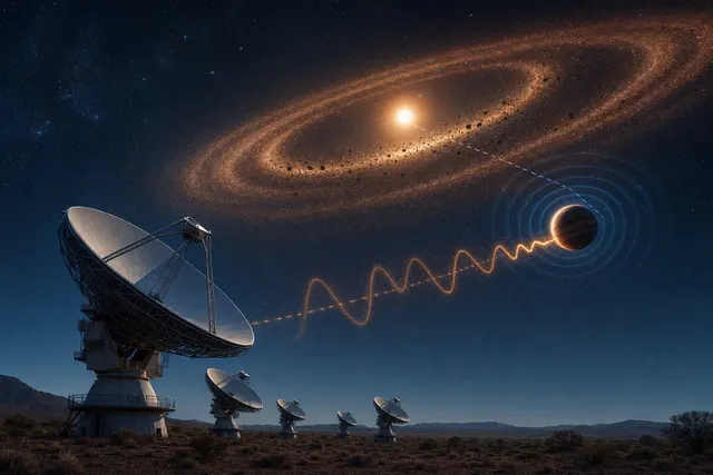 Editorial illustration accompanying the report of radio emission from exoplanet Beta Pictoris b