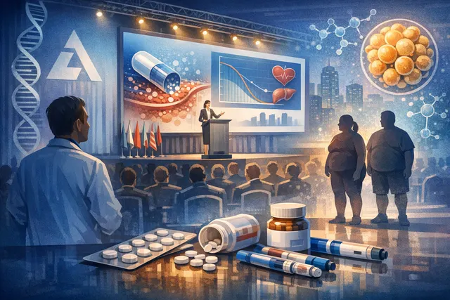 Conceptual illustration of the competitive obesity drug landscape at ADA 2026, showing molecular structures and market-share dynamics for retatrutide, aleniglipron, and CagriSema.