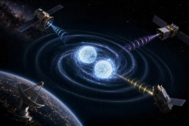Illustration of the ultracompact double-white-dwarf binary eRASSU J0608 emitting X-rays and gravitational waves