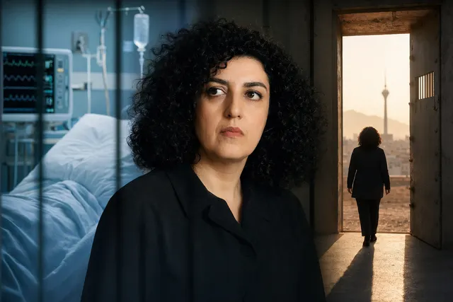 Illustration of Iranian Nobel Peace Prize laureate Narges Mohammadi during a health and imprisonment crisis