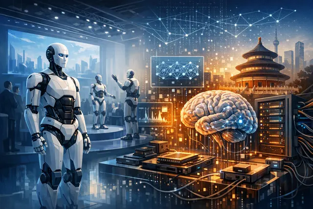 Editorial illustration of humanoid robots connected to a large embodied-AI data and training pipeline in China