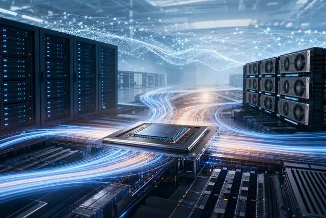 Illustration of interconnected AI chips and high-speed data-center networking