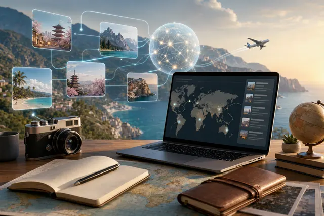 Illustration of AI travel planning tools organizing maps, route lines, and itinerary cards on a digital screen.