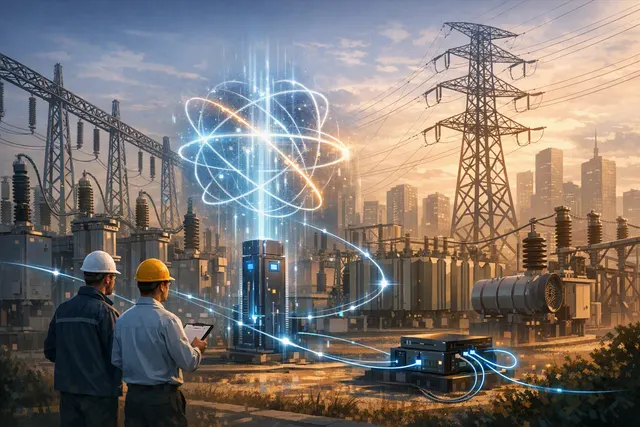 Editorial illustration of a Chinese power substation using diamond quantum current sensors and secure quantum communications