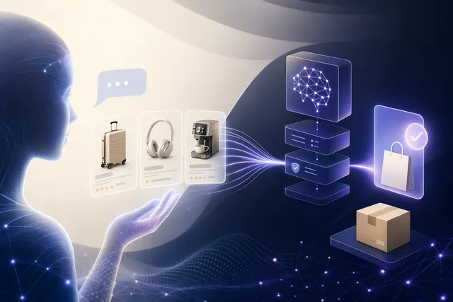 Concept illustration of AI agents completing online purchases through Stripe-powered agentic commerce infrastructure