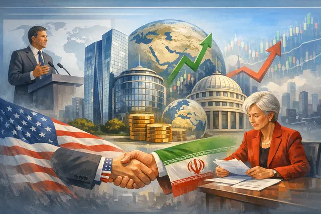 ECB and IMF headquarters buildings with oil price chart overlay representing the economic policy response to the US-Iran peace deal