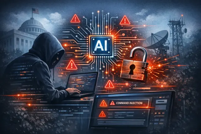 Abstract visual of a glowing AI gateway server being breached by a chain of two interconnected vulnerabilities, representing an active cybersecurity threat.