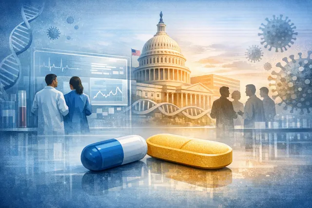 Abstract medical illustration symbolizing a breakthrough once-weekly HIV pill, featuring a stylized capsule with a weekly calendar icon and a descending HIV viral load graph.