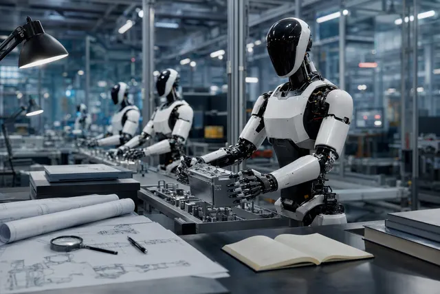 AI-generated illustration of a humanoid robot on a factory production line