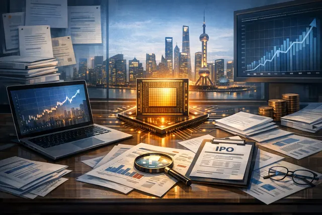 An abstract representation of ChangXin Memory Technologies (CXMT) IPO: a glowing semiconductor wafer morphing into a Shanghai skyline, with a faint cryptocurrency chain overlay sym
