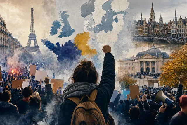 AI-generated editorial image illustrating protests over living costs and public services in Europe
