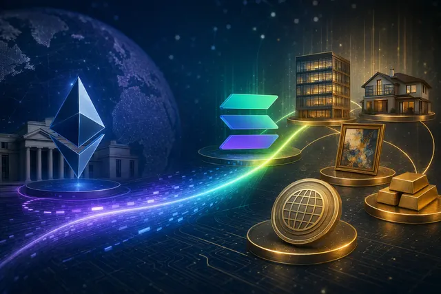 Editorial illustration representing real-world asset tokenization across blockchain networks