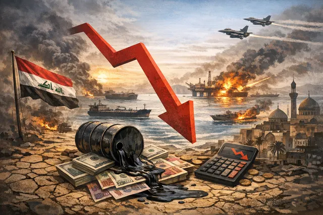 Iraq financial crisis illustration showing economic collapse, oil infrastructure, and emergency government response during the Iran war