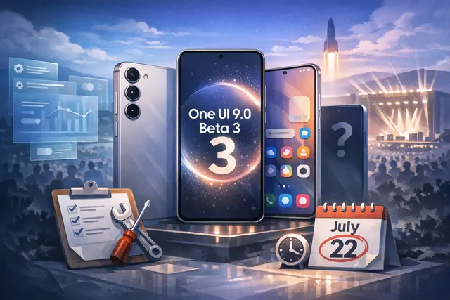 Samsung One UI 9.0 beta program interface on Galaxy S26 smartphone showing redesigned Quick Panel and new features