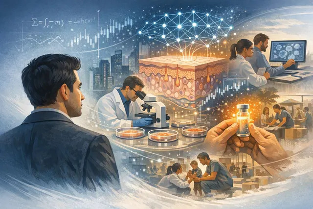Illustration of living human skin tissue connected to an AI-driven laboratory system