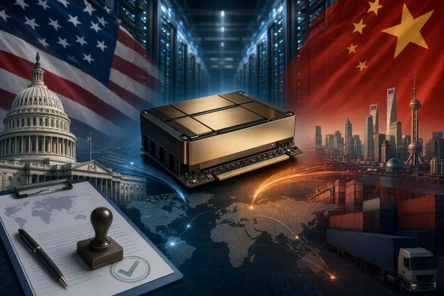 Illustration of AI data center infrastructure and advanced GPUs symbolizing Nvidia H200 chips powering Alibaba cloud and AI expansion