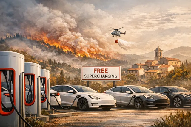 AI-generated editorial image depicting Tesla Supercharger stations in a wildfire-affected European landscape