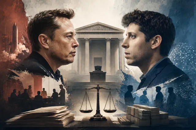 Illustration representing the courtroom battle between Elon Musk and Sam Altman over OpenAI’s future