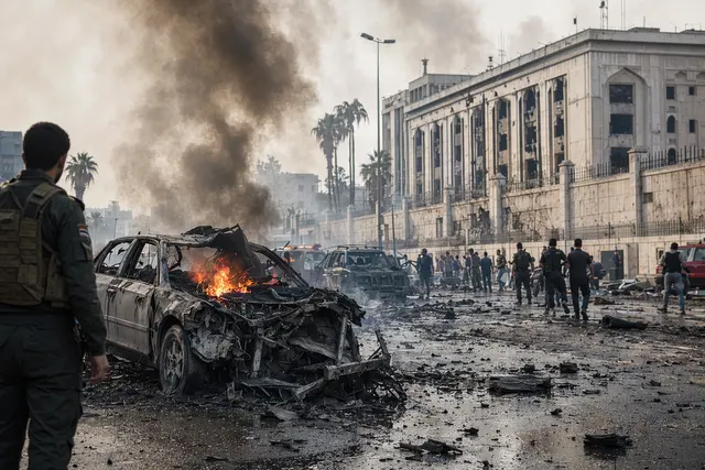 Smoke rising after a car bomb explosion near a defense ministry-linked building in Damascus